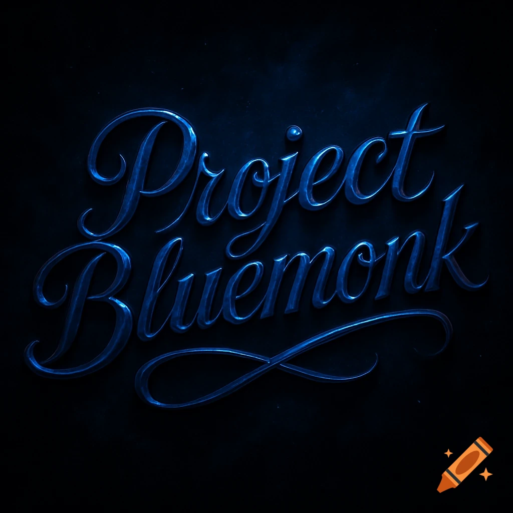 Shiny blue metallic script reads 'Project Bluemonk' on a dark, textured background.