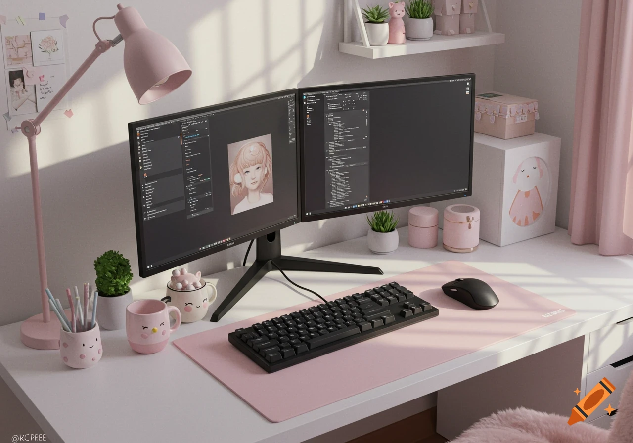 A cozy, minimalist white desk setup with two monitors, a black keyboard, a pink desk mat, cute pastel mugs, and small plants.
