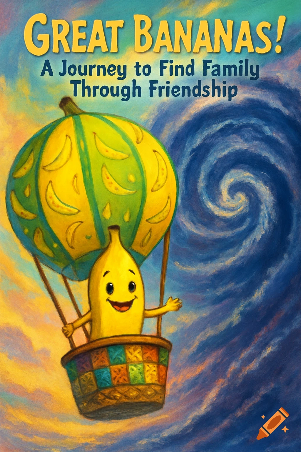 A cheerful banana character smiles from a hot air balloon, with the title 'Great Bananas!' for a children's book cover in a painterly style.