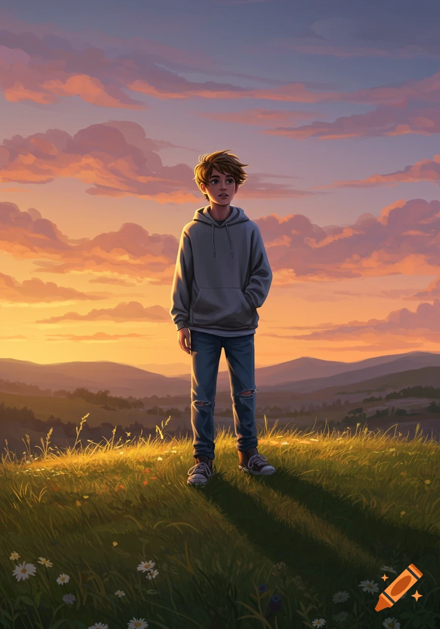 Digital illustration of a teenage boy standing on a grassy hill, looking up at a vibrant sunset sky over rolling hills.
