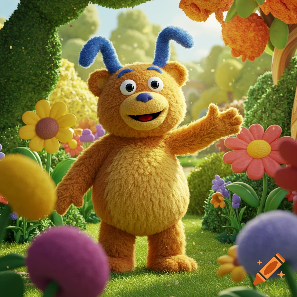 A friendly, furry orange bear character with blue antennae stands in a bright, colorful garden full of flowers and greenery, waving its arm.