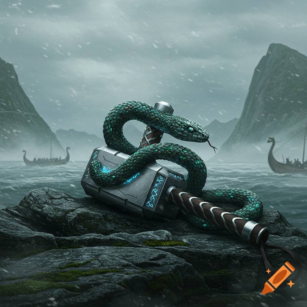 A stylized green snake with glowing scales wraps around a glowing, runic Mjolnir hammer on a rocky shore. Viking longships sail in the stormy background.