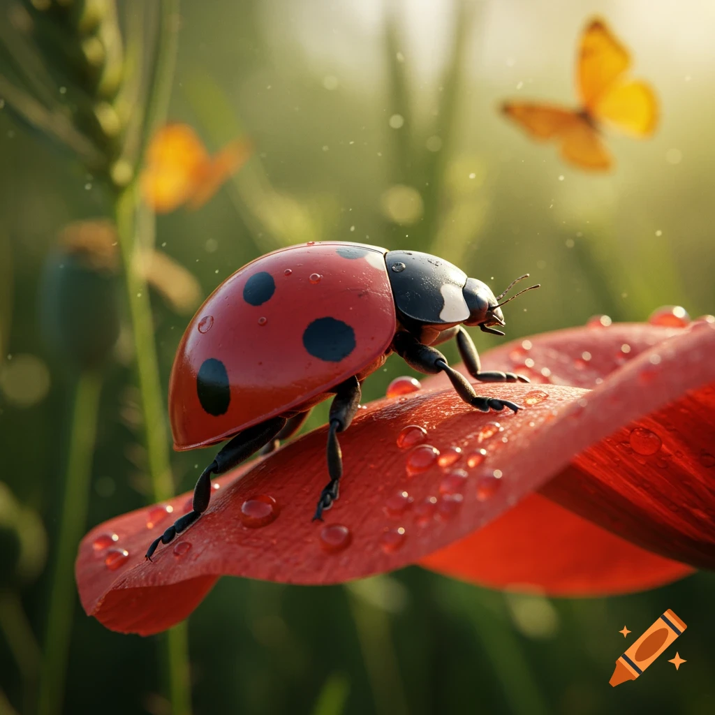 A photorealistic red ladybug with black spots and water droplets crawls on a wet red flower petal. Blurry butterfly and green background.