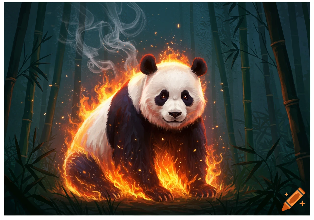 A stylized giant panda covered in vibrant orange flames and smoke, standing in a dark bamboo forest with glowing embers.