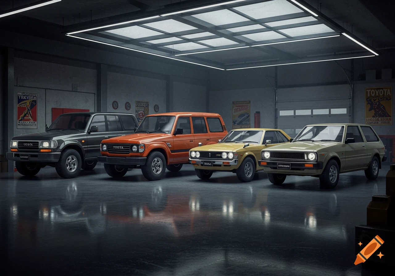 Four classic Toyota cars, including two Land Cruisers and two coupes, are parked in a dimly lit, sleek modern garage.