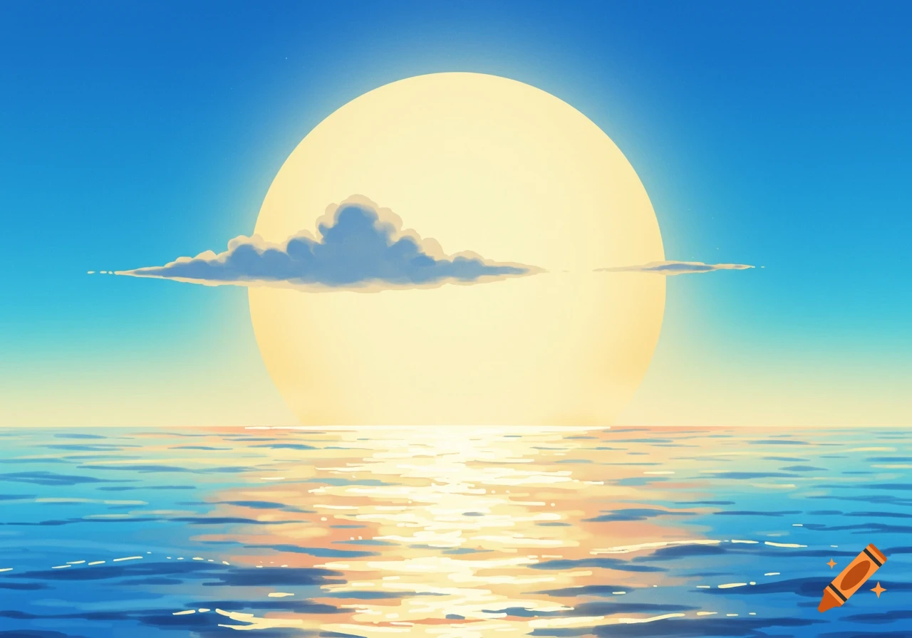 Anime style sunset over a calm ocean with a large yellow sun and thin clouds in a vibrant blue sky.