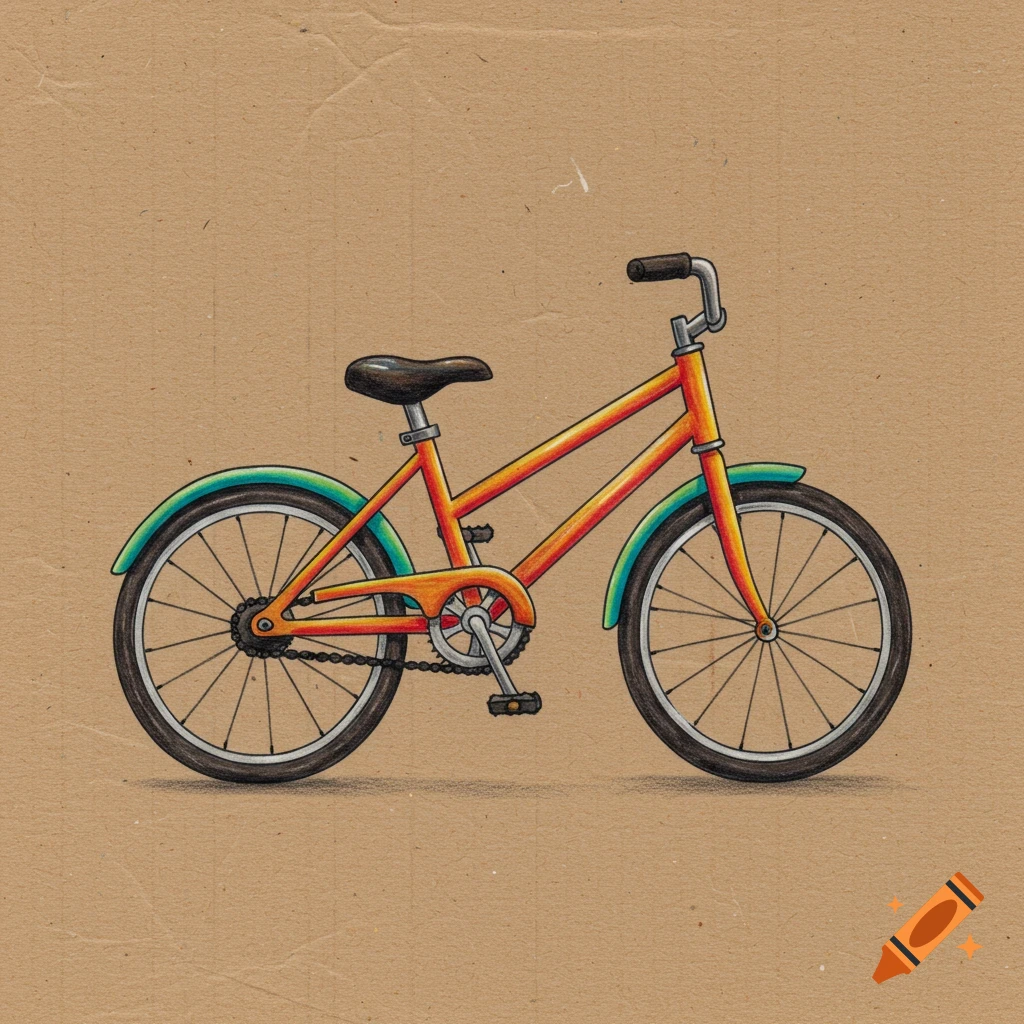 A colorful crayon drawing of an orange and yellow bicycle with teal fenders on a brown cardboard background.