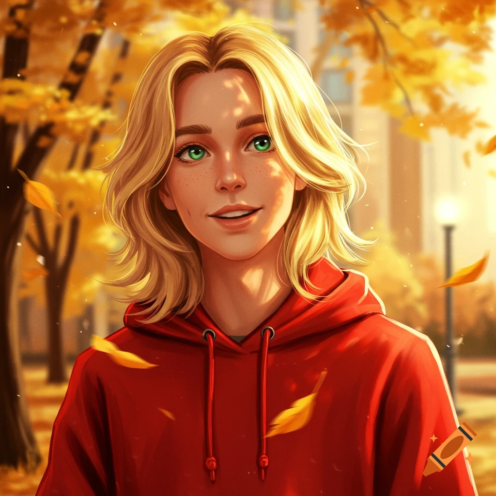 Smiling young person with blonde hair and green eyes in a red hoodie, standing in a sunny autumnal park. Digital art.