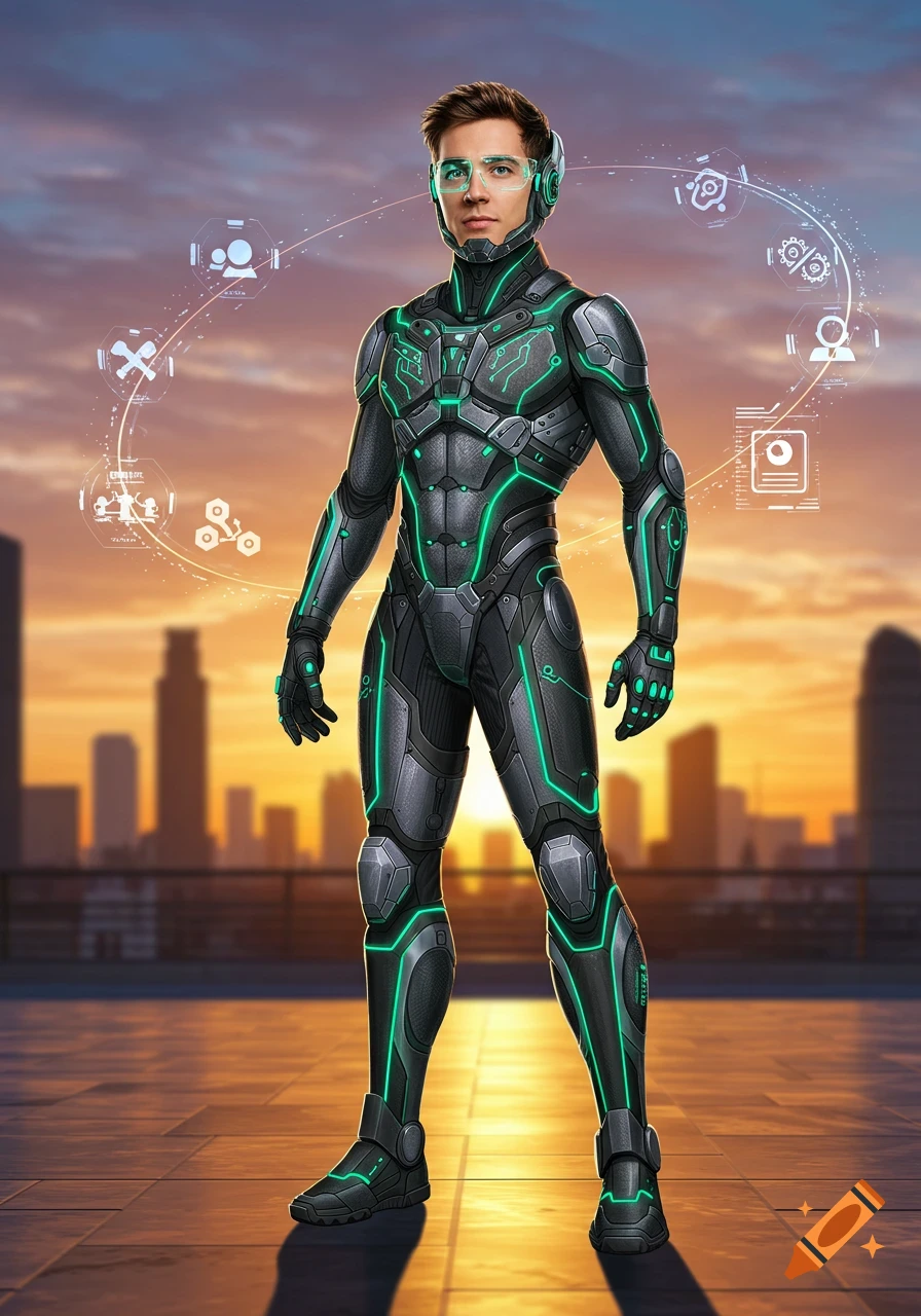 A man in a sleek black and neon green futuristic armored suit and visor stands on a city rooftop at sunset, surrounded by holographic UI elements.