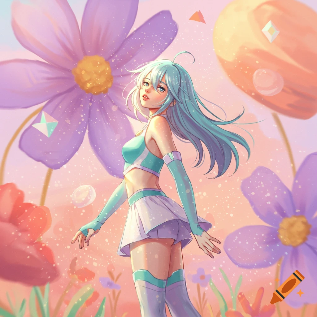 Anime girl with light blue hair in a teal crop top and white skirt, standing among large purple and red flowers in a dreamy landscape.