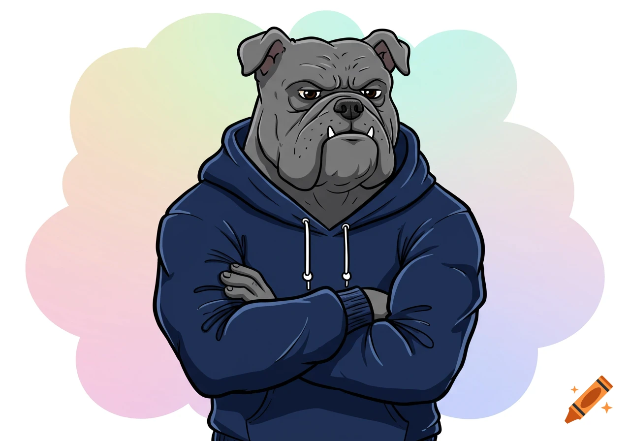 A cartoon gray bulldog with an angry expression wearing a navy blue hoodie with arms crossed, against a pastel cloud background.