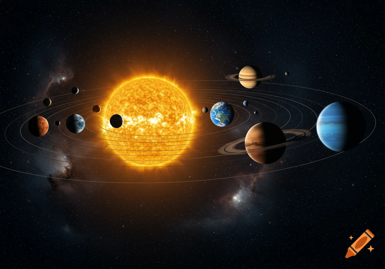 A vibrant, photorealistic illustration of the solar system, with a large glowing sun at the center and planets orbiting against a starry backdrop.