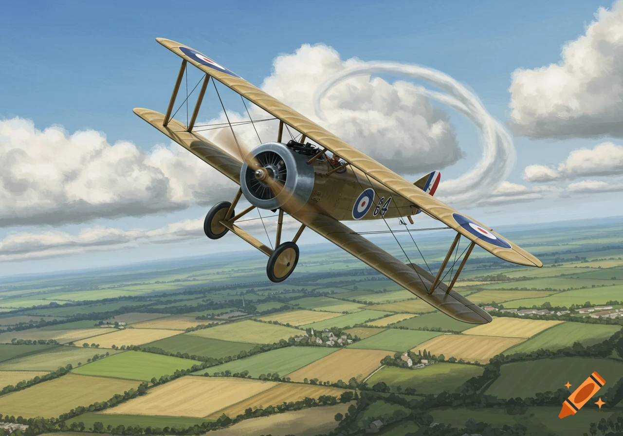 Sopwith Camel biplane soaring over green and yellow patchwork fields with a cloudy blue sky, illustration.