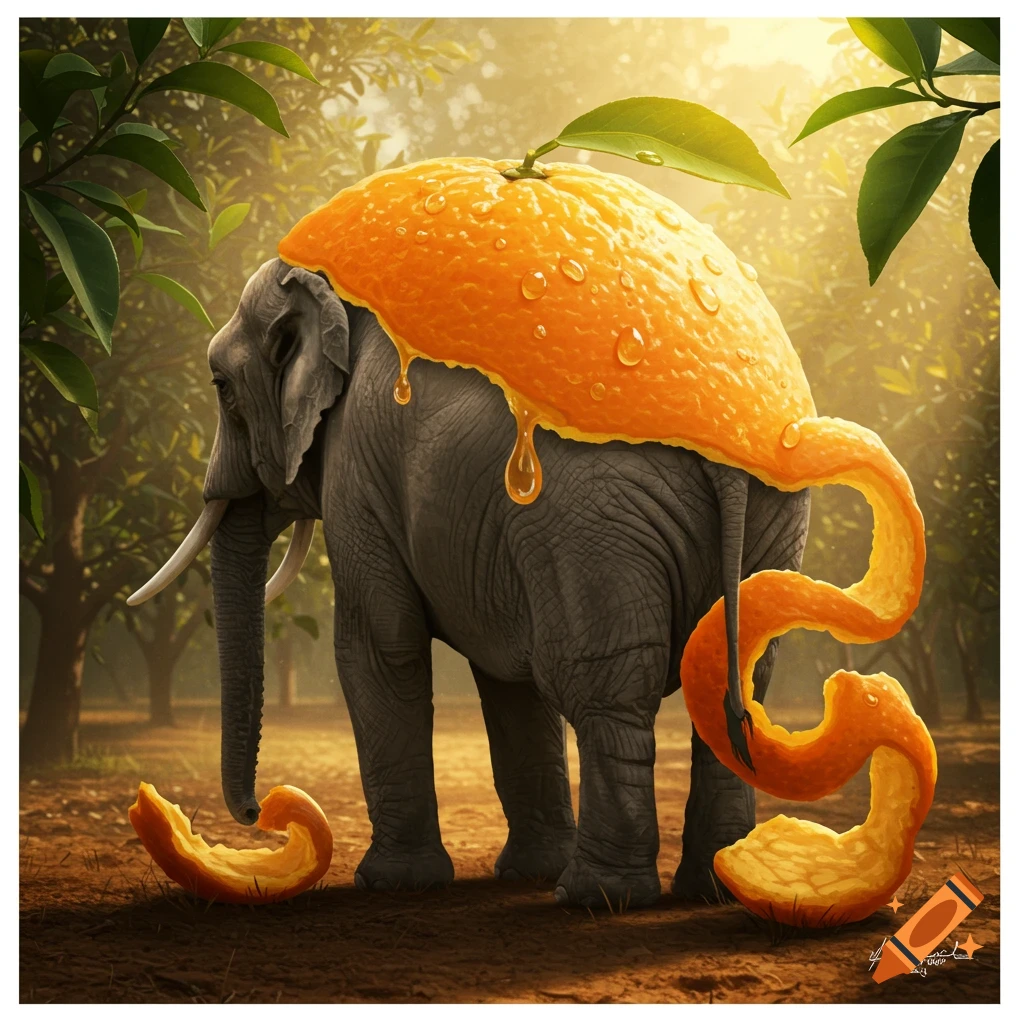 An elephant with an orange peel draped over its back and forming its tail, with juice dripping, stands in a lush, sunlit jungle.