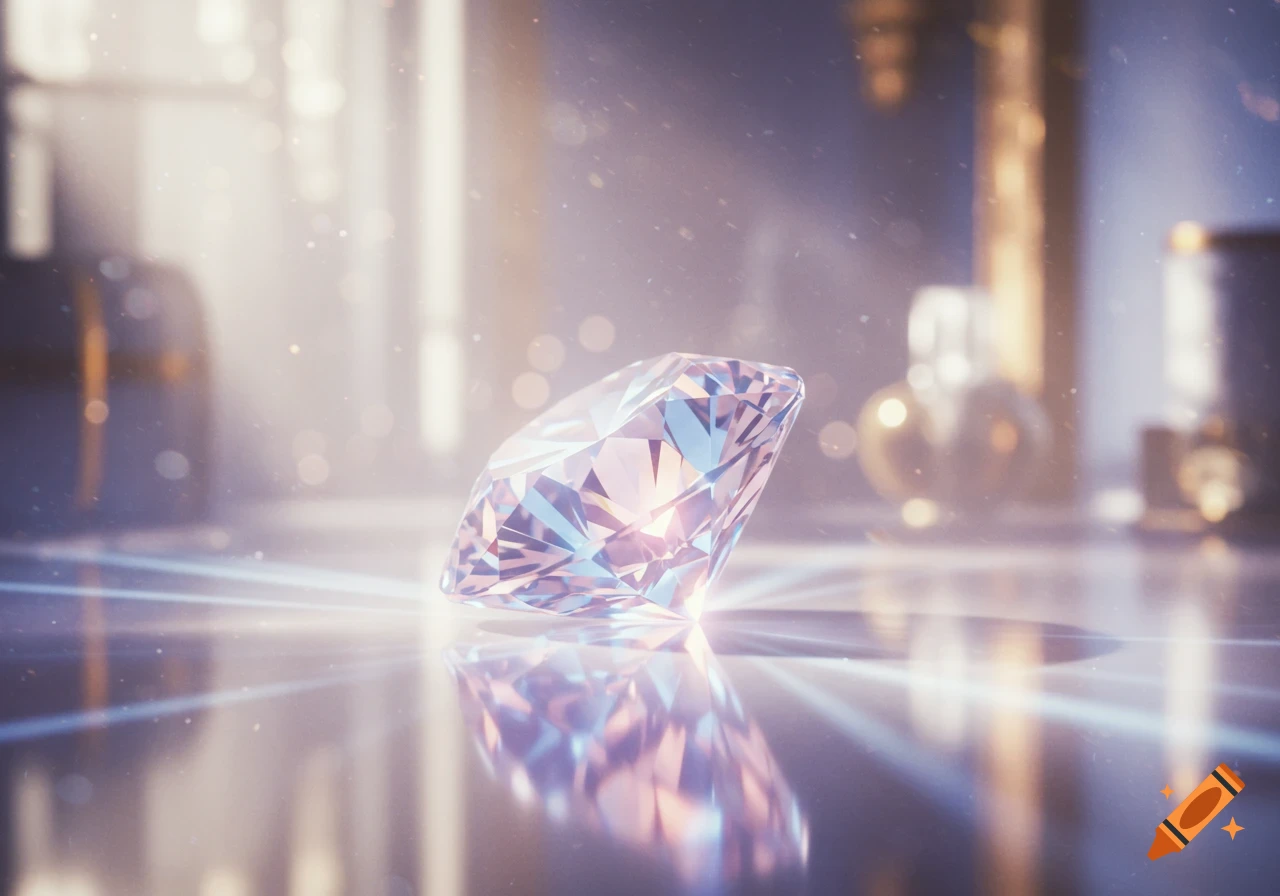 A sparkling diamond reflecting light on a polished surface with a blurry, glowing background.