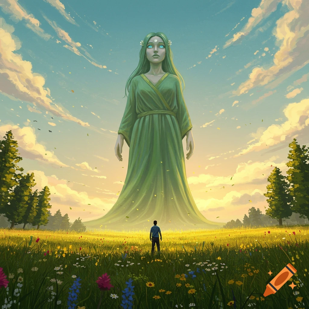 A giant woman in a green dress stands in a vibrant flower field under a vast sky, with a small man looking up at her.