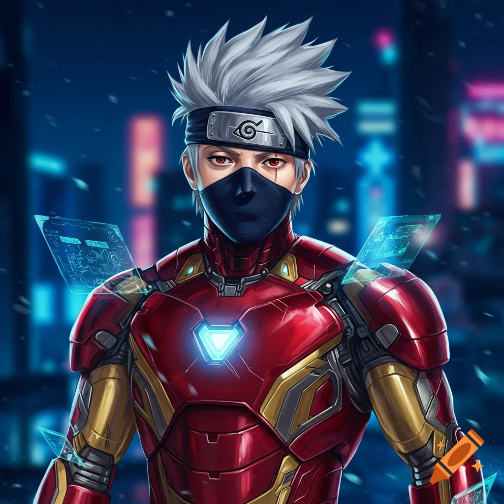 Kakashi from Naruto wearing a red and gold Iron Man suit with holographic displays, standing against a cyberpunk city background at night.