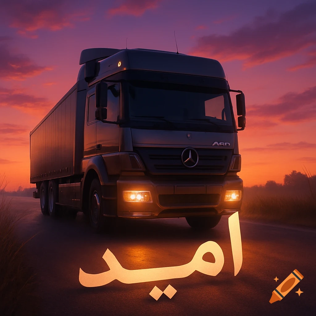 A photorealistic semi-truck on a road at sunset, with the glowing word "Omid" on the asphalt.
