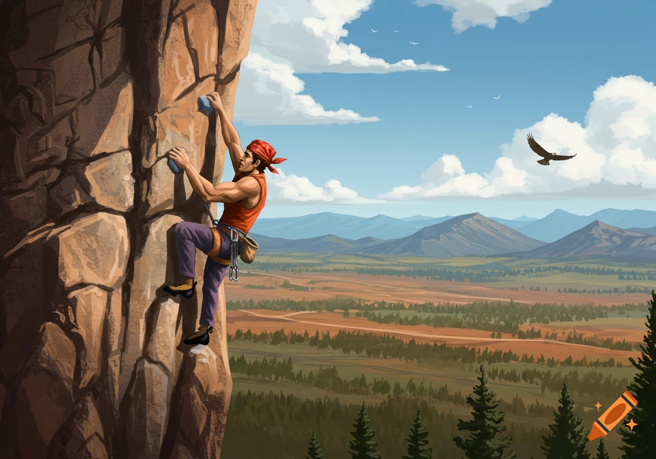 An illustration of a rock climber ascending a cliff, overlooking a scenic mountainous landscape with forests and an eagle flying.