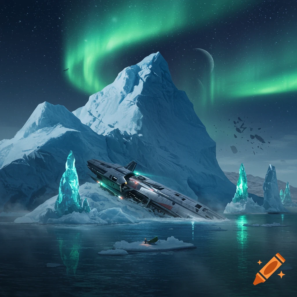 A crashed futuristic spaceship in a vast arctic landscape with glowing ice formations, beneath a vibrant green aurora and a distant planet.