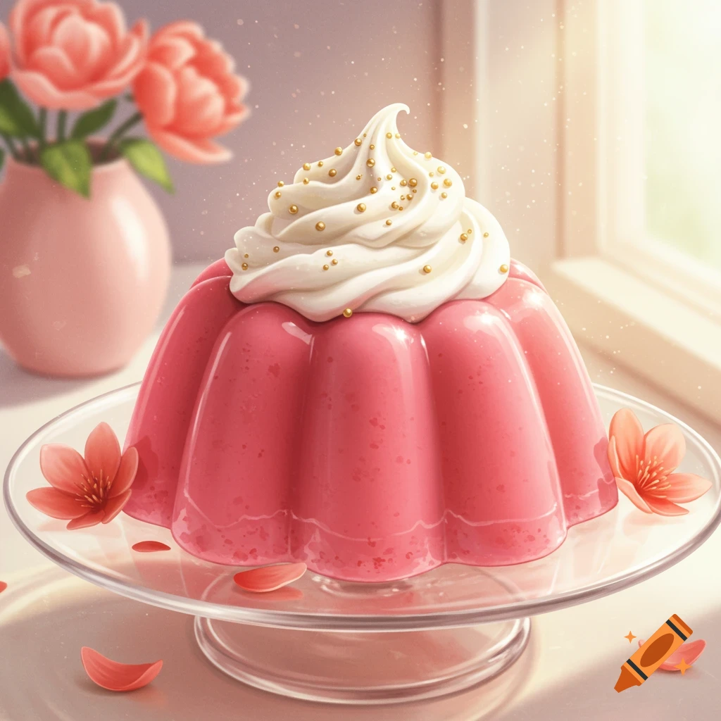 A vibrant pink pudding topped with white whipped cream and gold sprinkles, presented on a glass cake stand with pink flower petals.