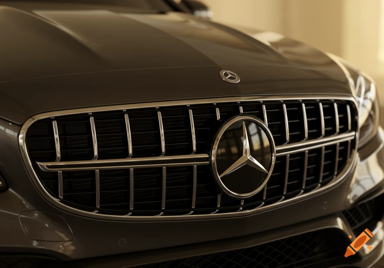 Close-up shot of the front grill of a dark grey Mercedes-Benz C63S car, showing the iconic three-pointed star logo.
