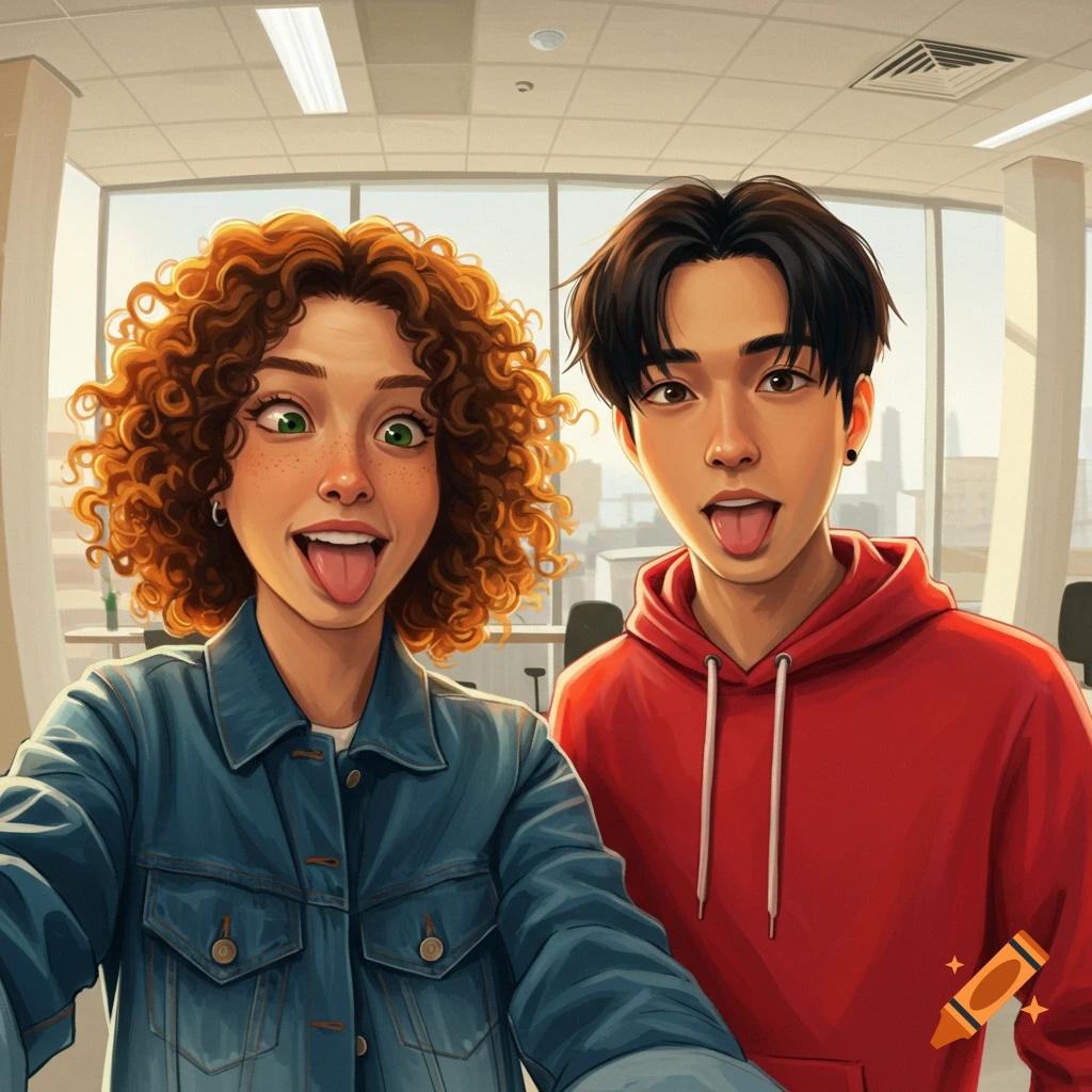 Anime-style selfie of a young man and woman in an office, both sticking their tongues out playfully.