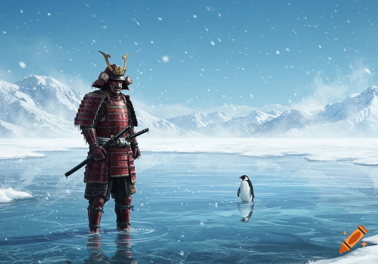 A samurai in red armor stands in icy water, holding a katana, facing a penguin. Snow falls over snowy mountains.