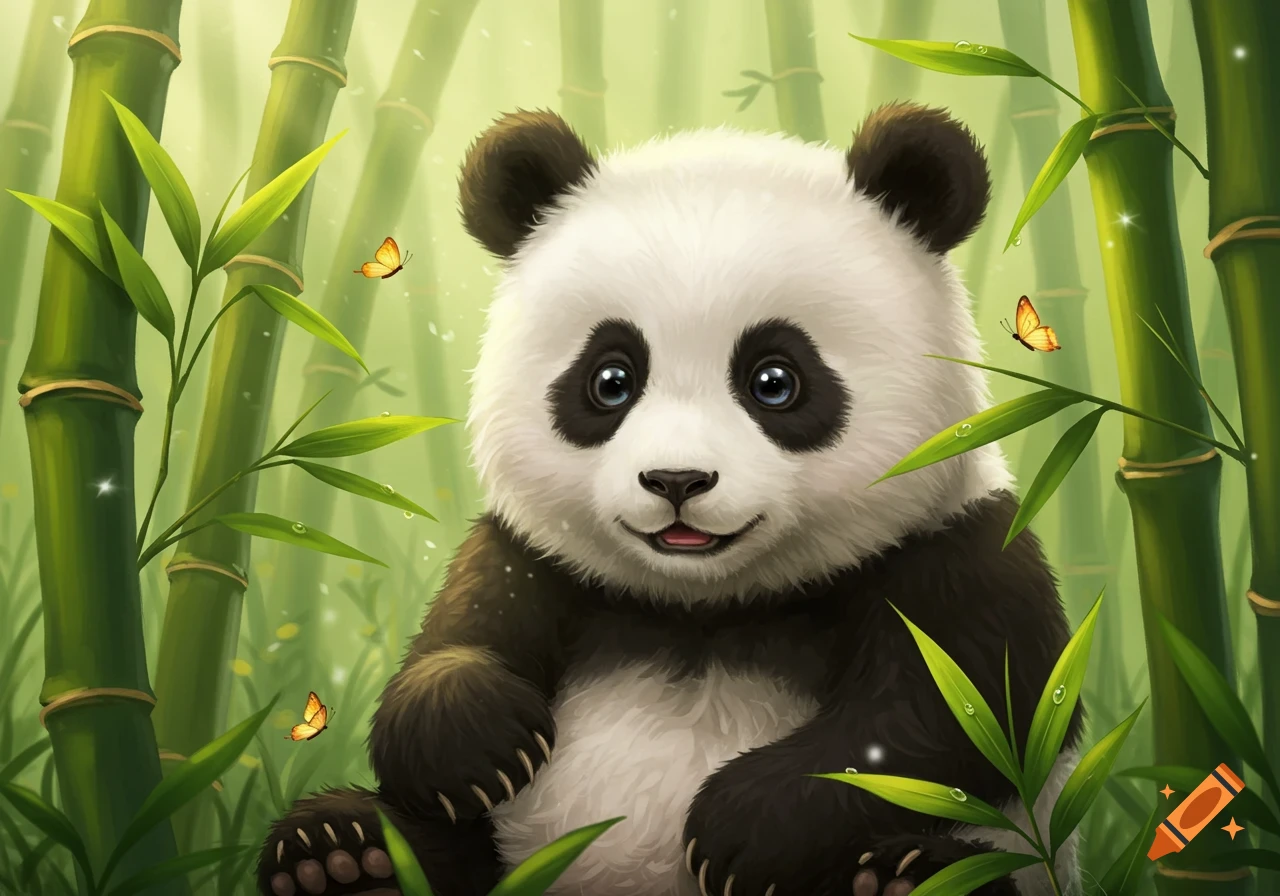 A cute baby panda sits in a vibrant green bamboo forest with small orange butterflies. Illustration.
