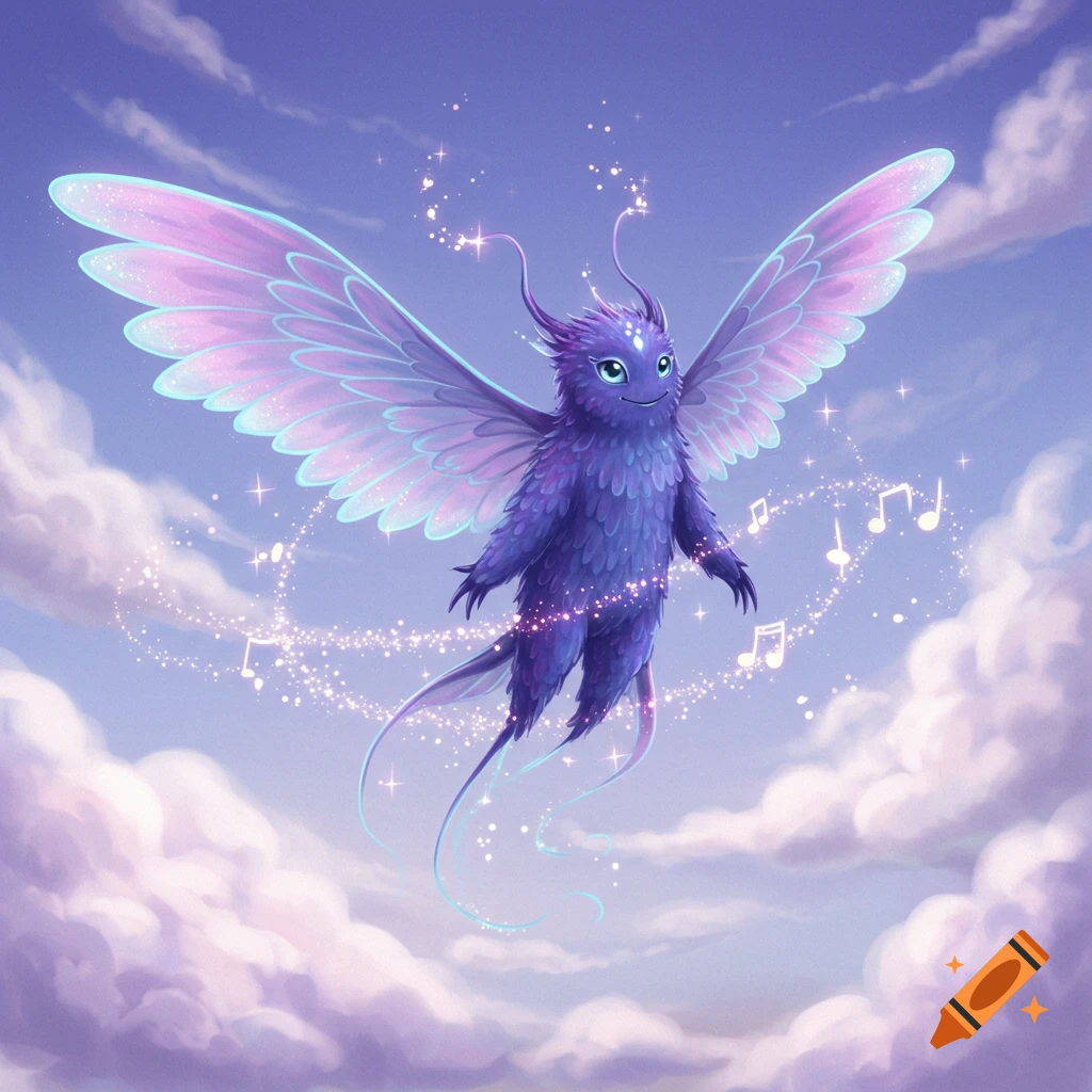 A cute purple furry monster with large pink and blue wings flies through a cloudy sky, surrounded by sparkling musical notes. Digital art.