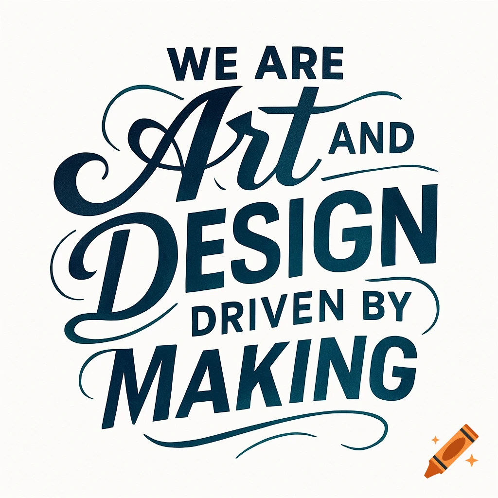 Typographic logo design saying 'We Are Art and Design Driven by Making' in blue and white.
