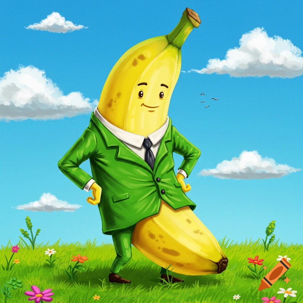 A smiling cartoon banana wearing a green suit stands in a grassy field under a blue sky with clouds and flowers.