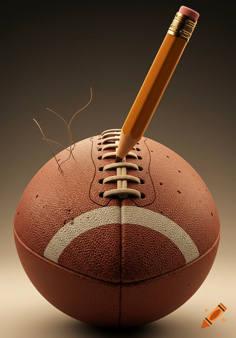 A photorealistic image of an upright wooden pencil with a sharp point spearing a brown, stitched American football.