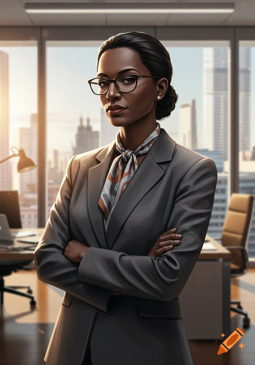 Illustrative portrait of a professional Black woman in glasses, dark suit, and patterned scarf, arms crossed, in a modern office with a city view.