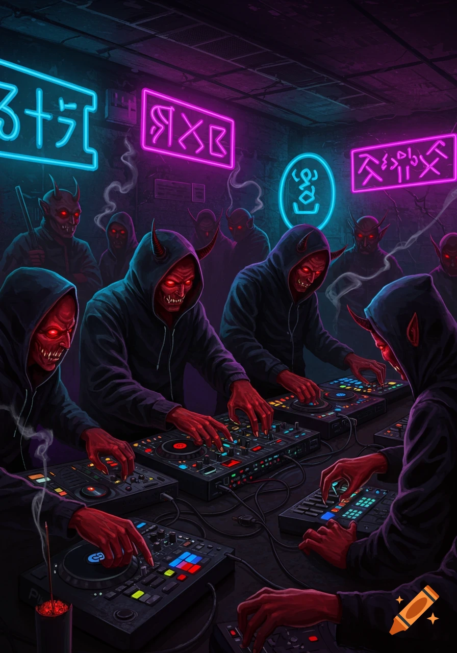 Demons with red skin and horns wearing black hoodies operate DJ equipment in a dark, neon-lit club.