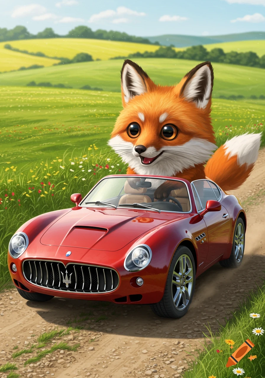 A donkey drives a blue convertible in a desert while a large elephant ...