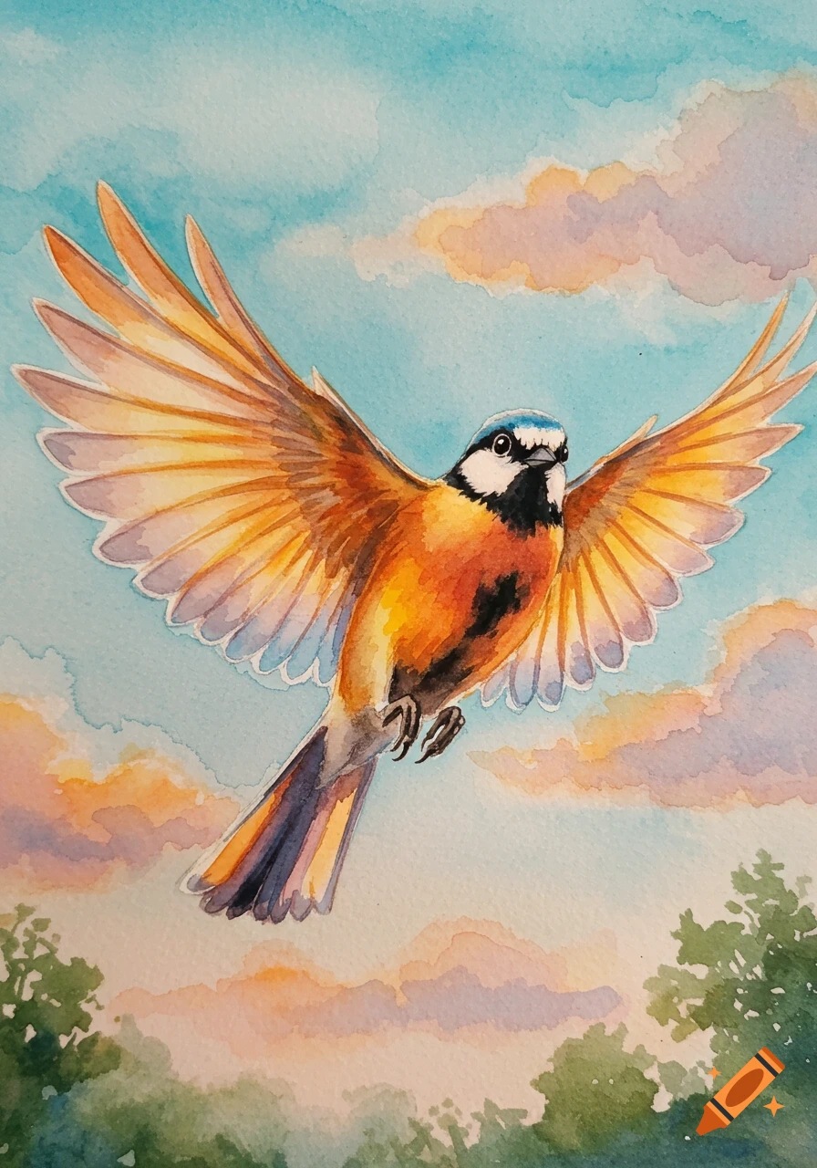 A watercolor painting of an orange, blue, black, and white bird flying in a cloudy sky above green trees.