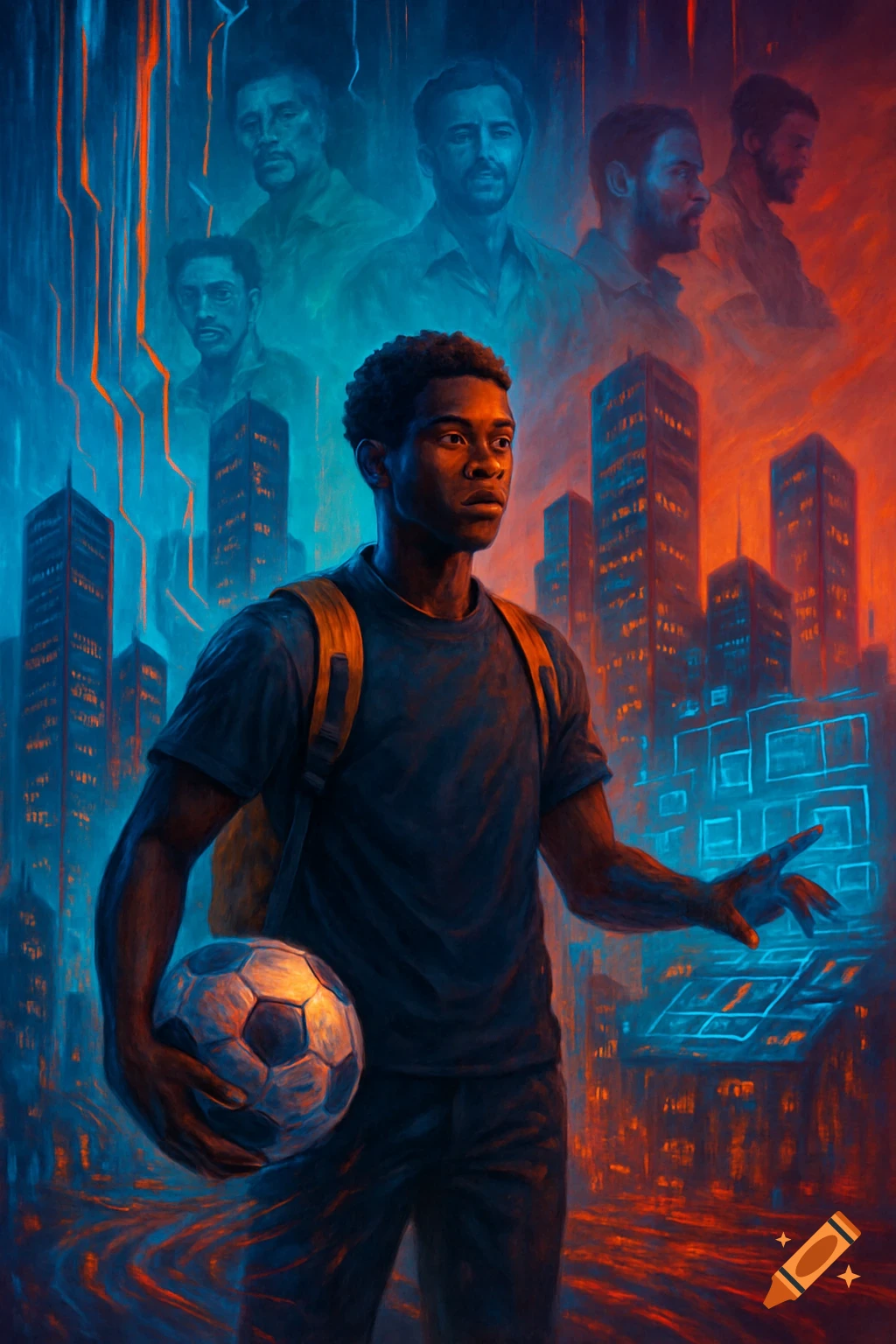 Digital painting of a young Black man with a backpack holding a soccer ball, looking right, in a vibrant blue and red futuristic cityscape with floating faces.