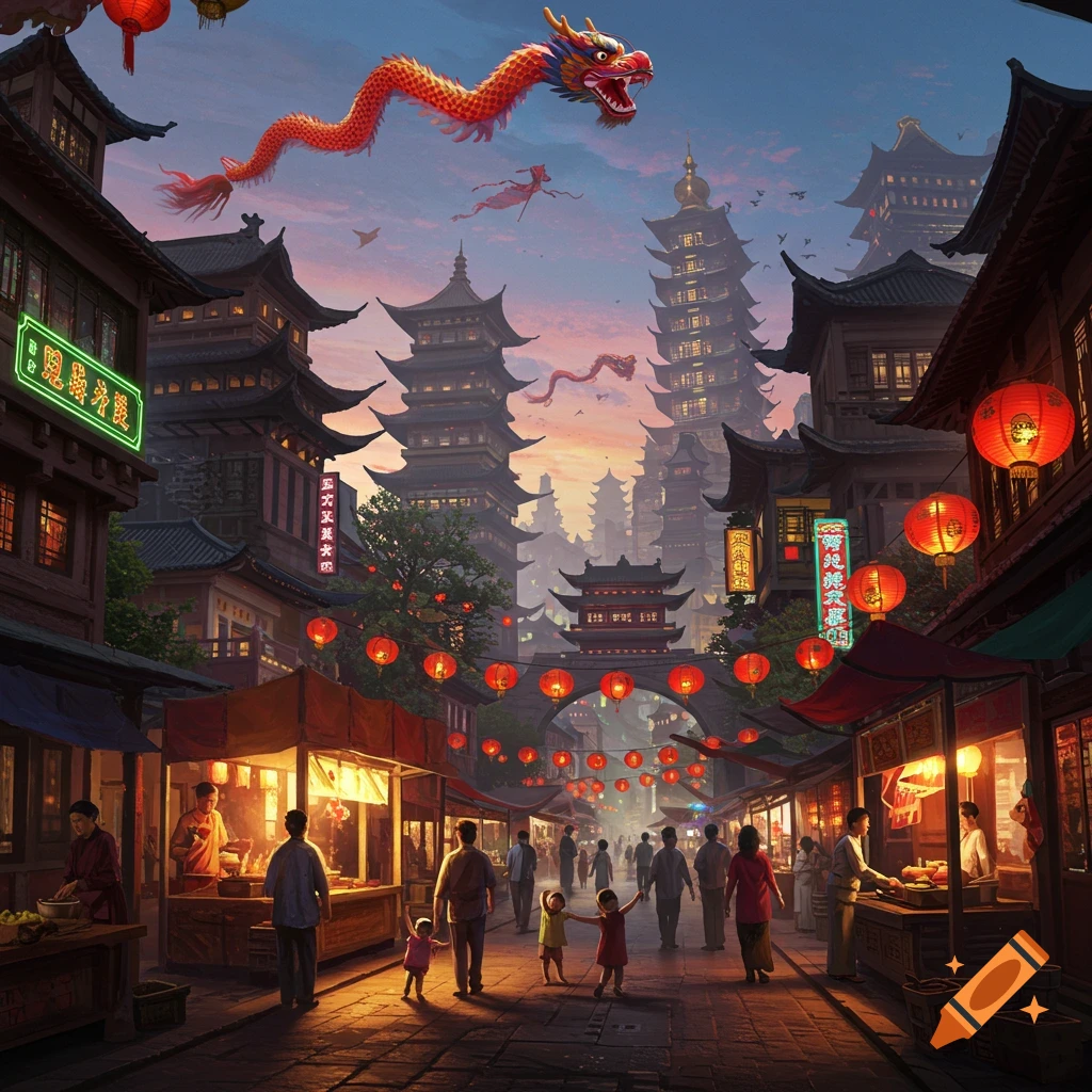 Vibrant Chinese city at dusk with a market street, red lanterns, traditional buildings, and a large red dragon flying overhead.