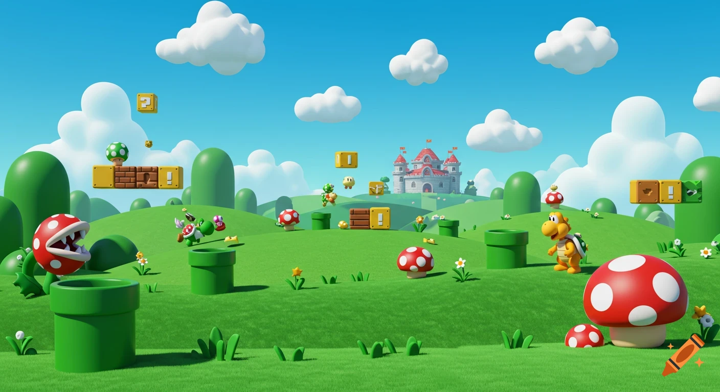 Vibrant 3D rendered Super Mario landscape with Piranha Plants, Koopa Troopas, Yoshi, blocks, pipes, and a castle under a blue sky.
