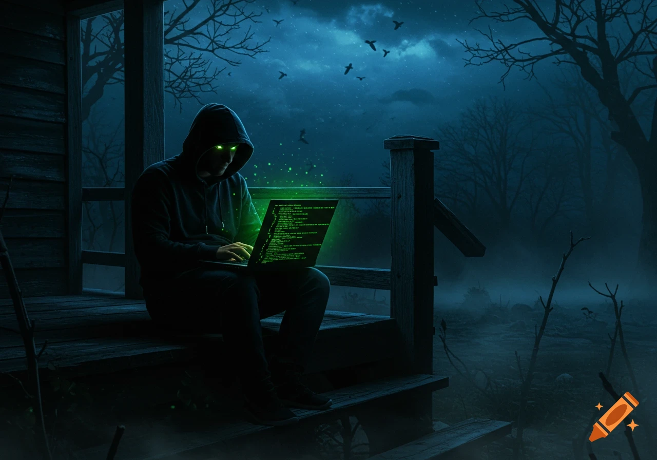 A hooded hacker with glowing green eyes sits on a dark porch, typing on a laptop with green code, against a spooky night sky with bare trees.