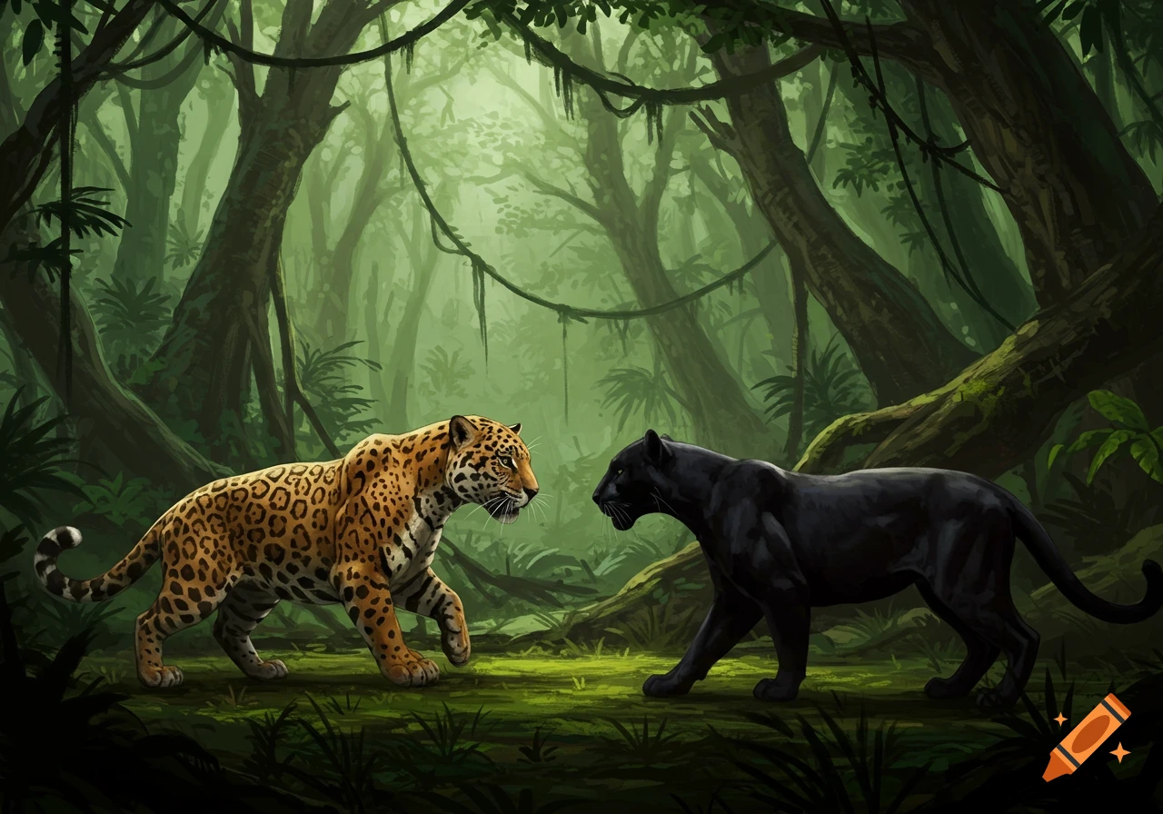 A spotted jaguar and a black panther face each other in a lush, green jungle environment.