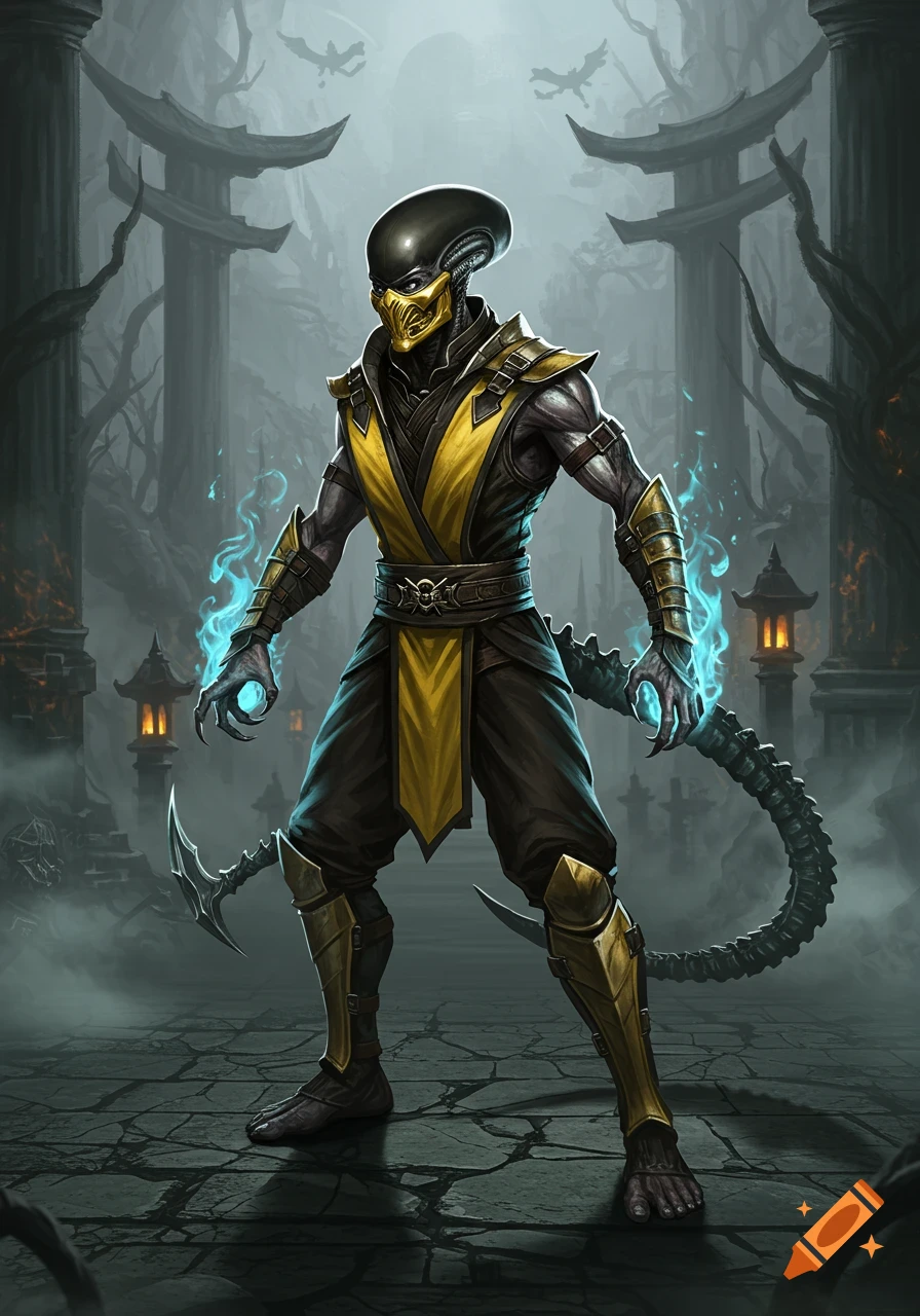 A xenomorph dressed as Scorpion stands in a dark, misty temple, with blue flames around its hands and a segmented tail.