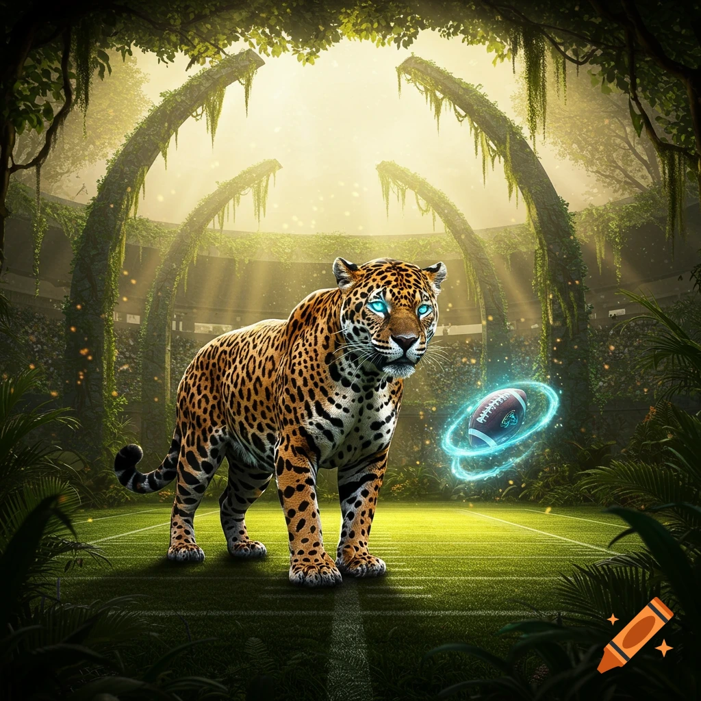 A majestic jaguar with glowing blue eyes stands on a football field in a ruined, jungle-overgrown stadium, with a glowing football hovering.