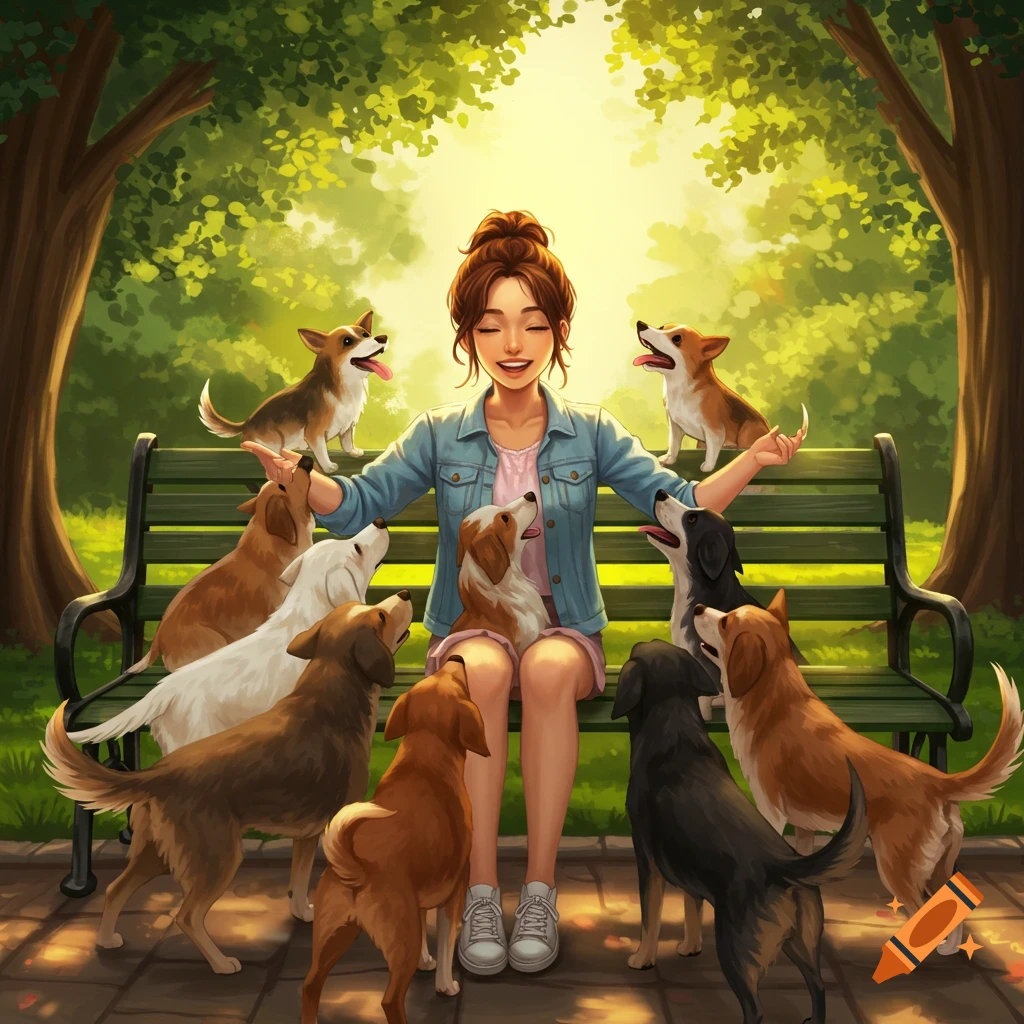 A happy woman sits on a park bench surrounded by a pack of diverse dogs in a bright digital illustration.