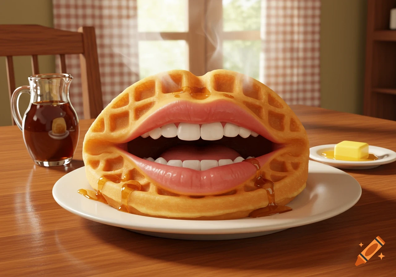 A photorealistic waffle with human lips, teeth, and tongue on a plate, dripping with syrup. A pitcher of syrup and butter are on a wooden table.