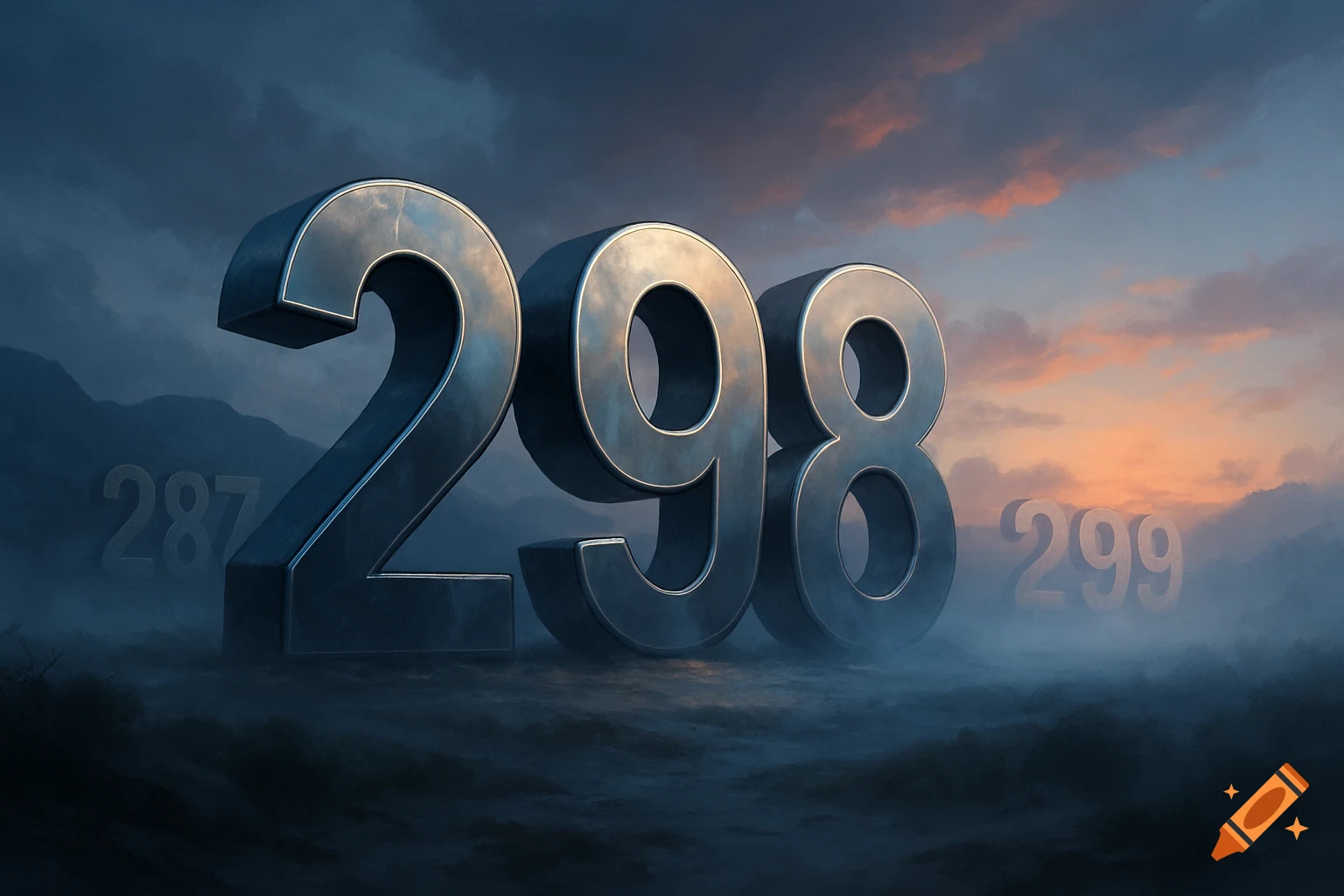 Large metallic numbers '298' in a misty landscape with '287' and '299' under a dramatic cloudy sky, photorealistic style.