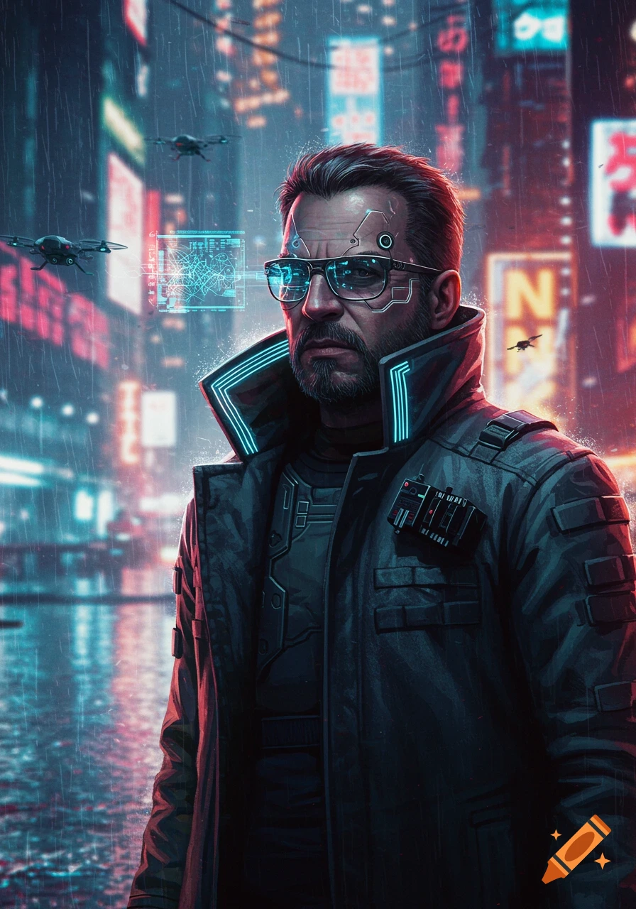 A man in cyberpunk attire with glowing glasses and coat stands in a rainy, neon-lit futuristic city, with flying drones in the background.