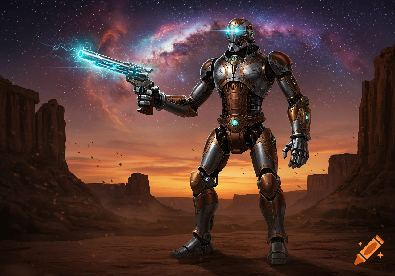 A stylized robot with a glowing revolver stands in a desert canyon under a vibrant cosmic sky.