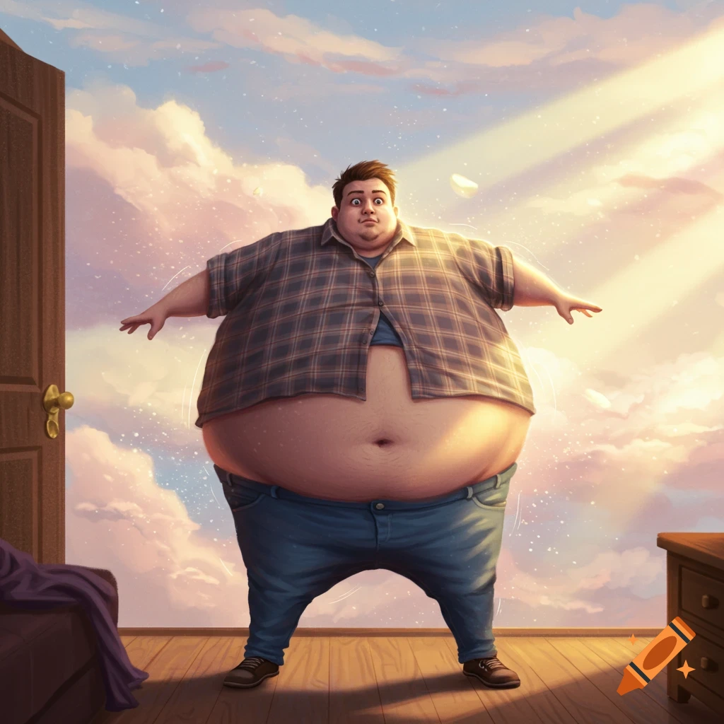 A cartoonishly obese man with a surprised expression stands with outstretched arms; an open door reveals a sunny, cloudy sky.